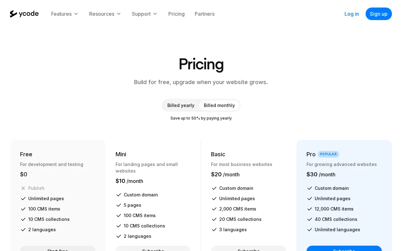 Ycode — pricing page