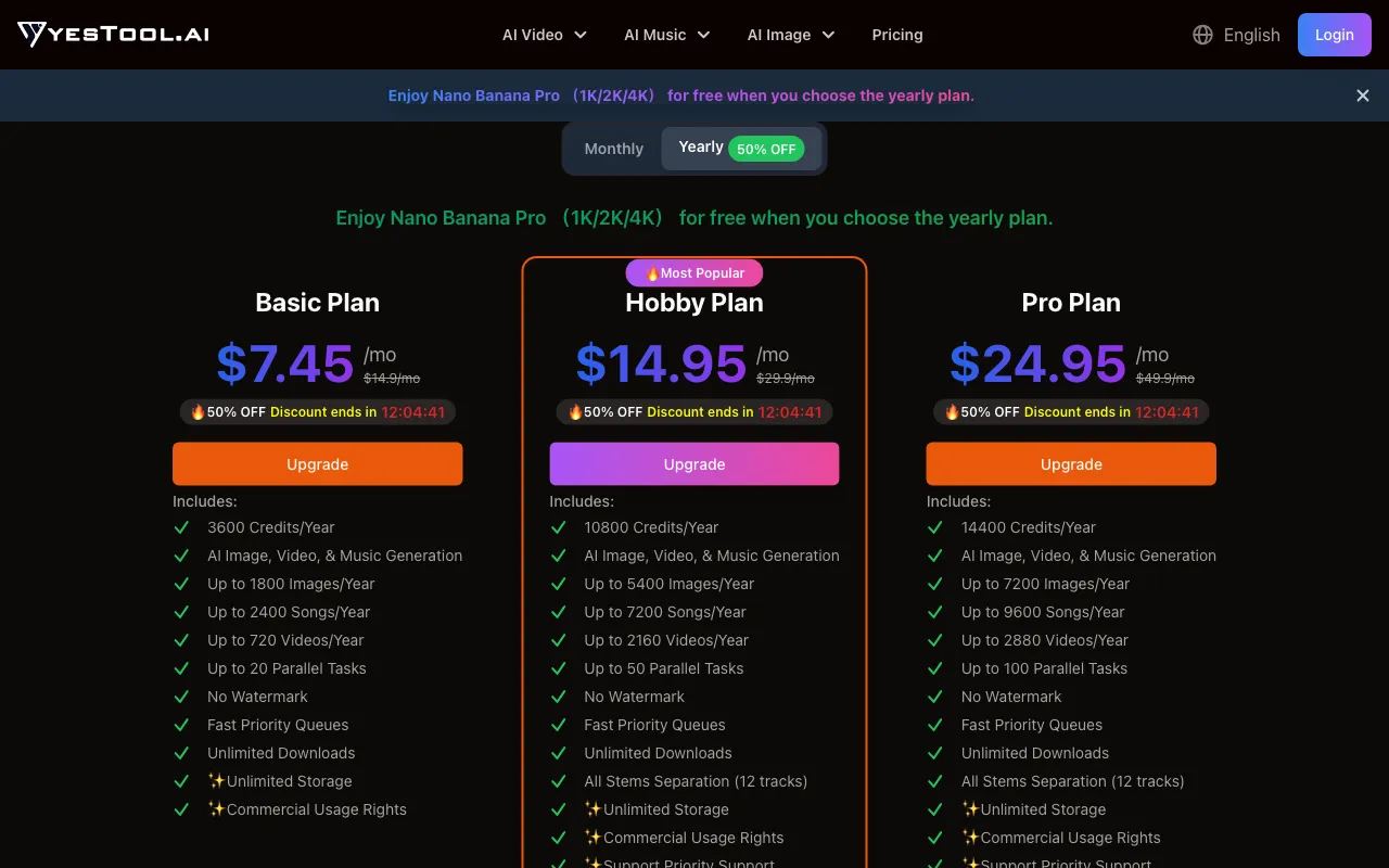 yesTool AI — pricing page
