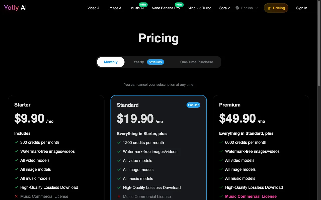 Yolly AI — pricing page