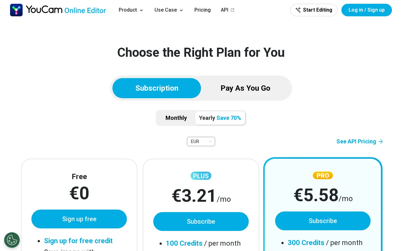YouCam Online Editor — pricing page