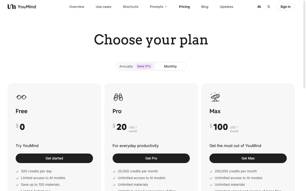 YouMind AI — pricing page