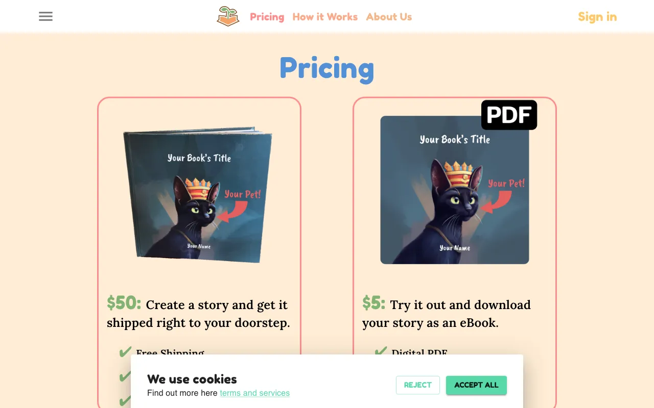 Your Own Story Book — pricing page