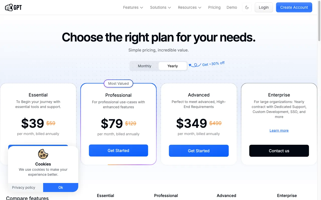 YourGPT Chatbot — pricing page