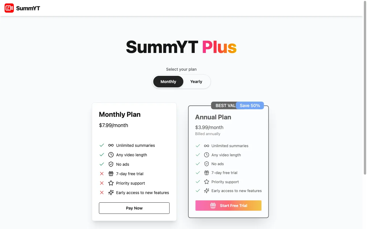 SummYT — pricing page