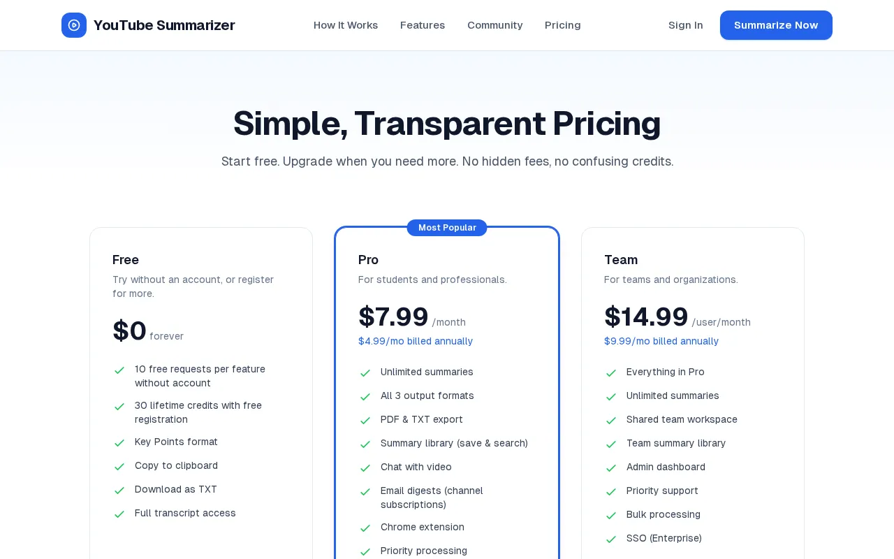 YouTube Summarizer — pricing page