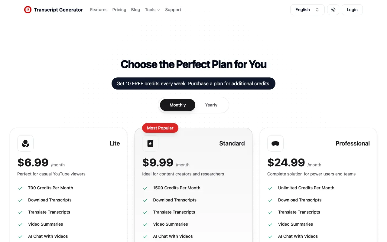 YouTube Transcript Generator — pricing page