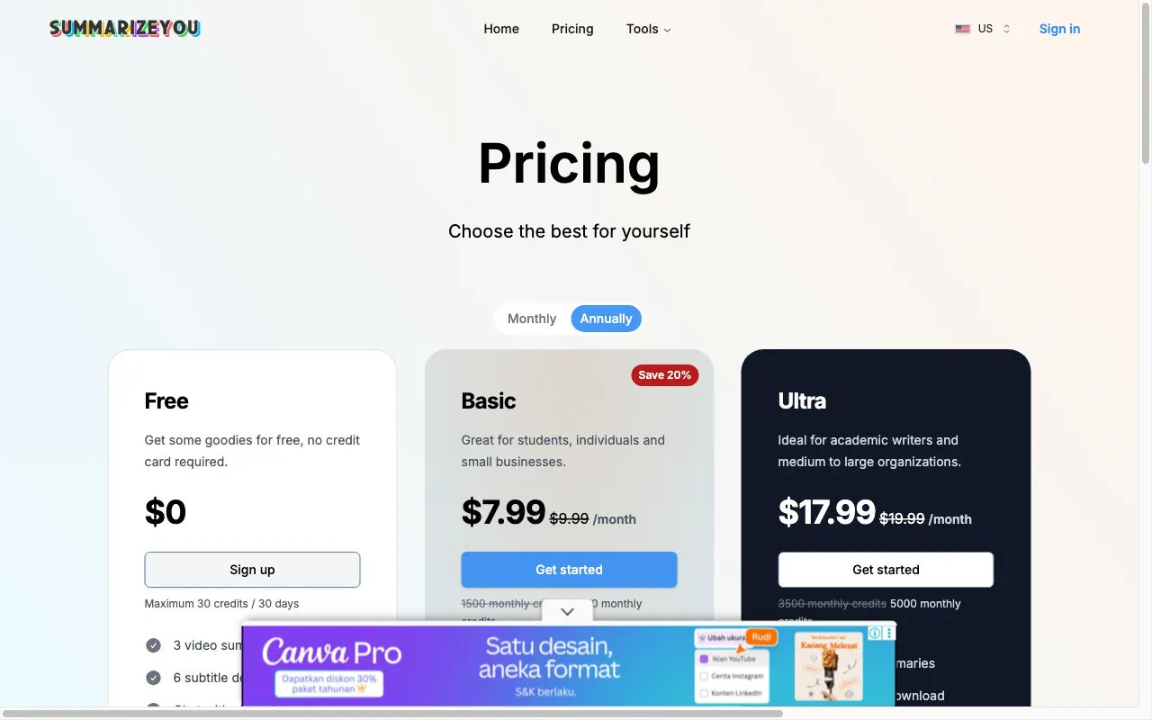SummarizeYou — pricing page