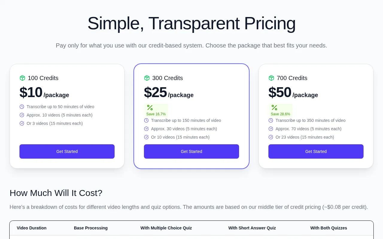 YouTubeTranscriptOptimizer — pricing page