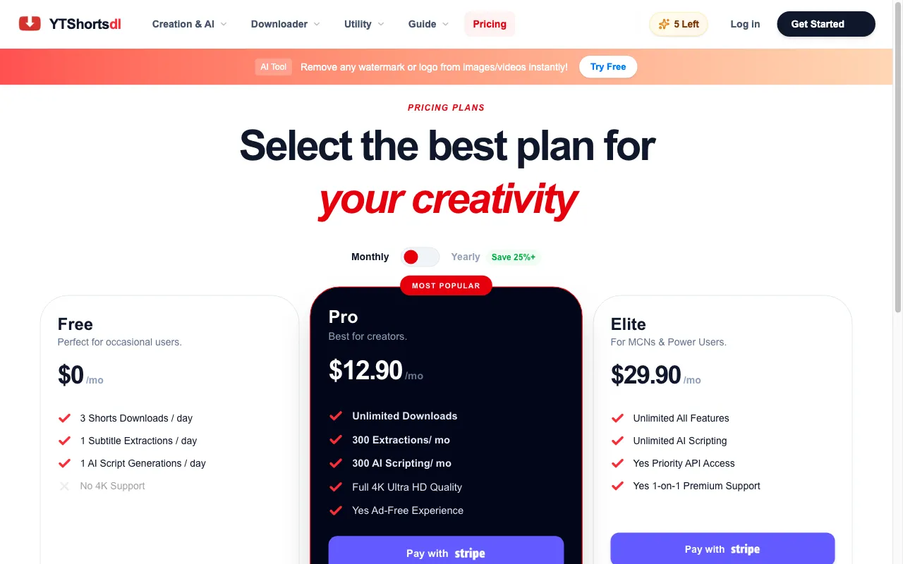 YTshortsdl.net — pricing page