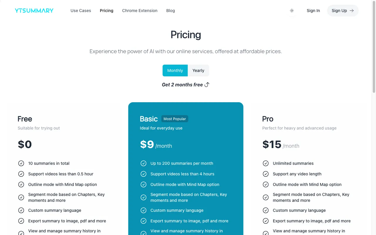 YTSummary — pricing page