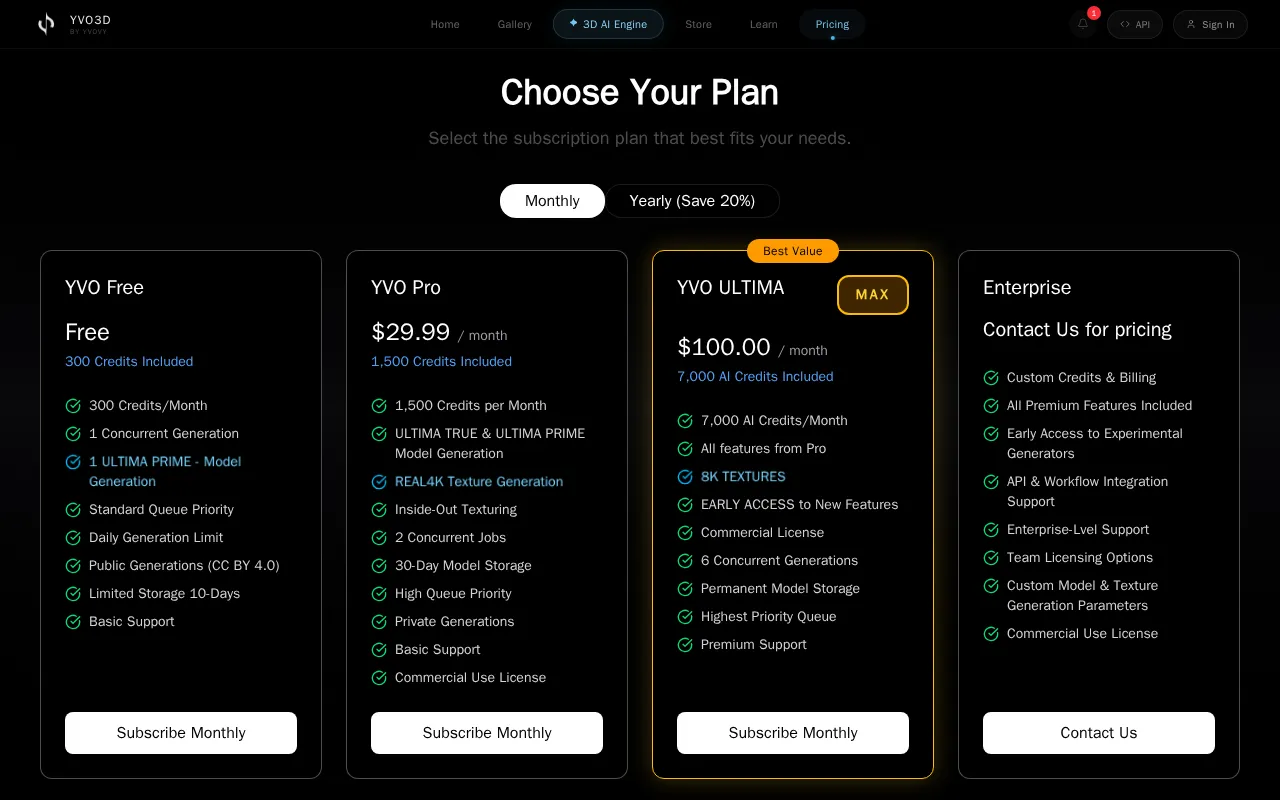 Yvo3D — pricing page