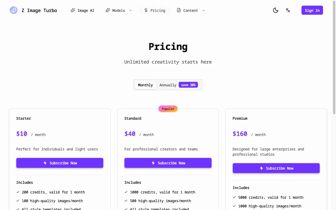 Z Image Turbo — pricing page