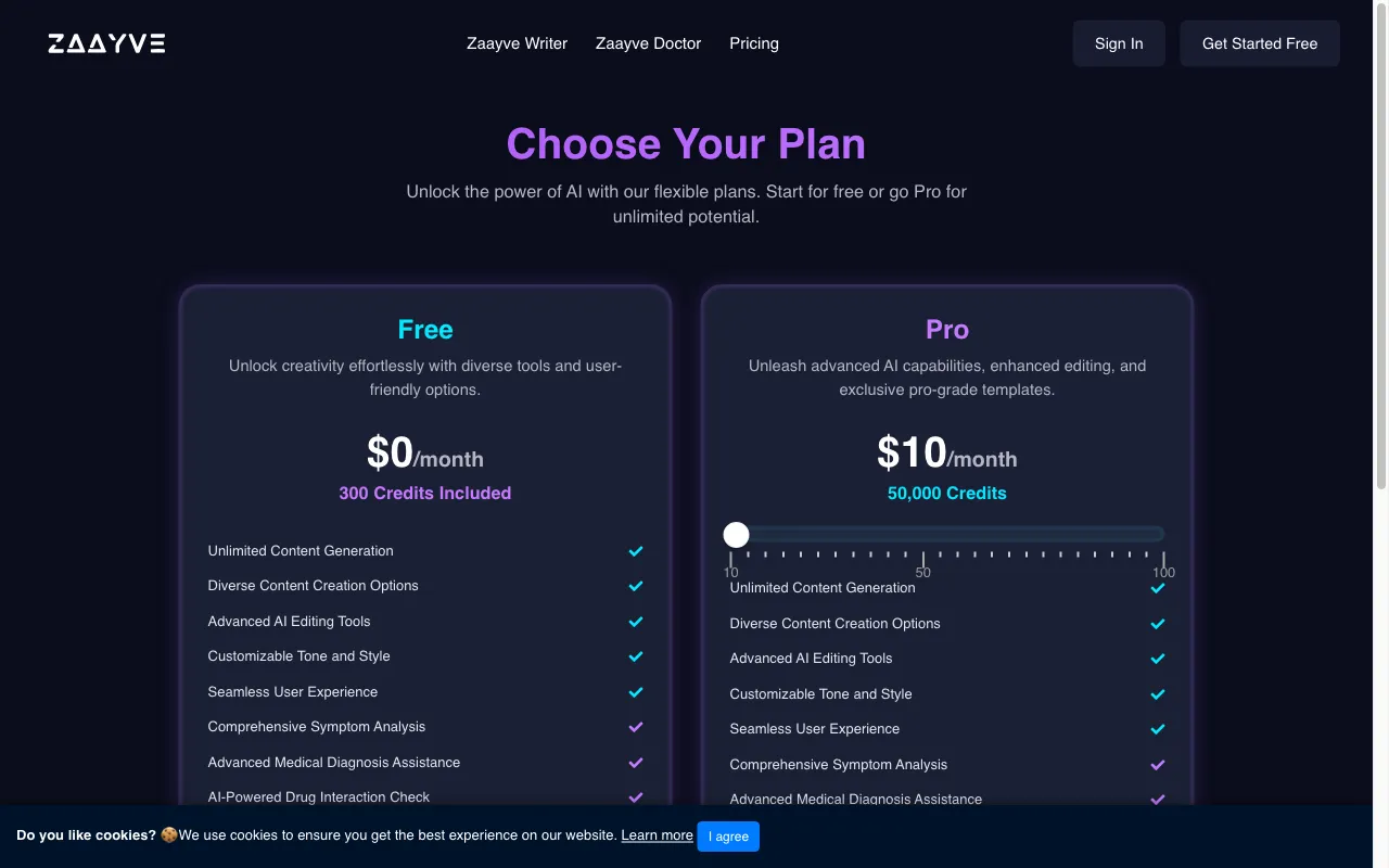 Zaayve AI — pricing page