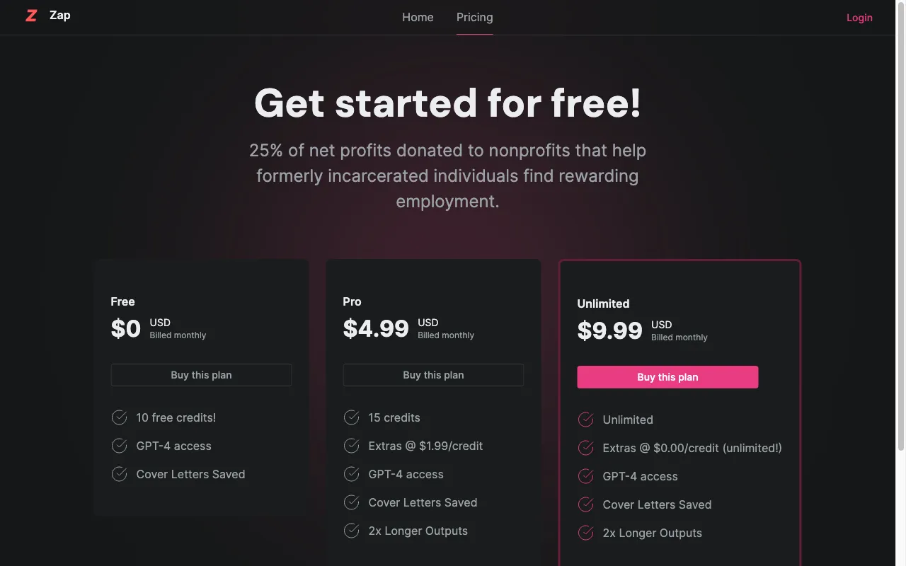 Zap AI — pricing page