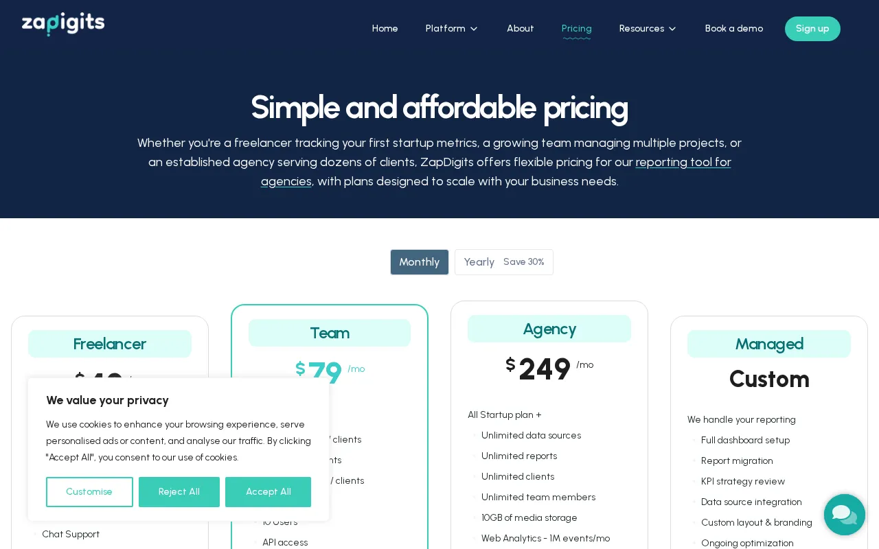 ZapDigits — pricing page