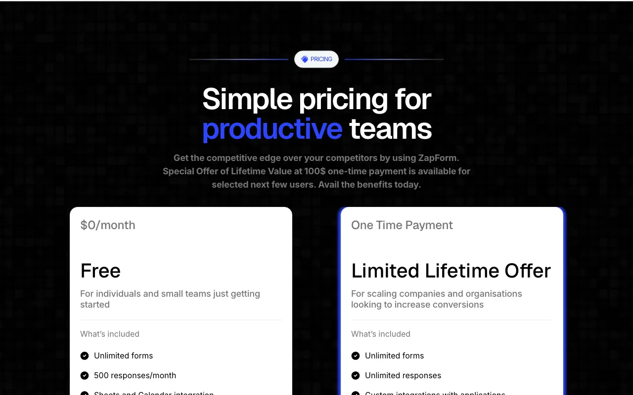 ZapForm — pricing page