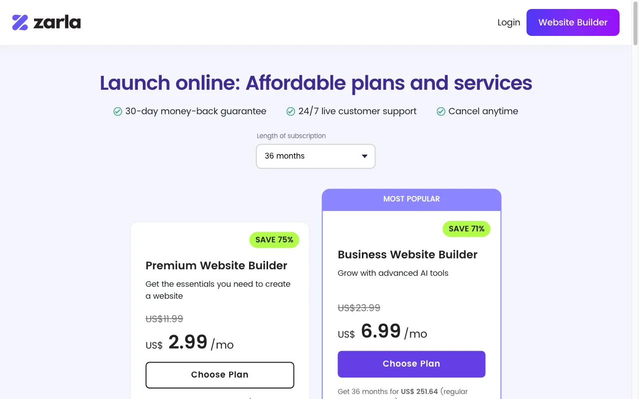 Zarla — pricing page