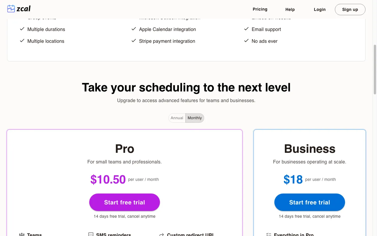 zcal — pricing page