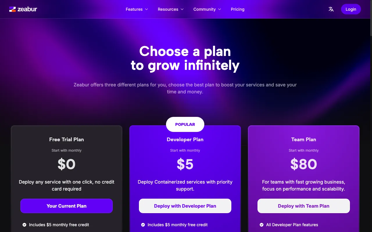 Zeabur — pricing page