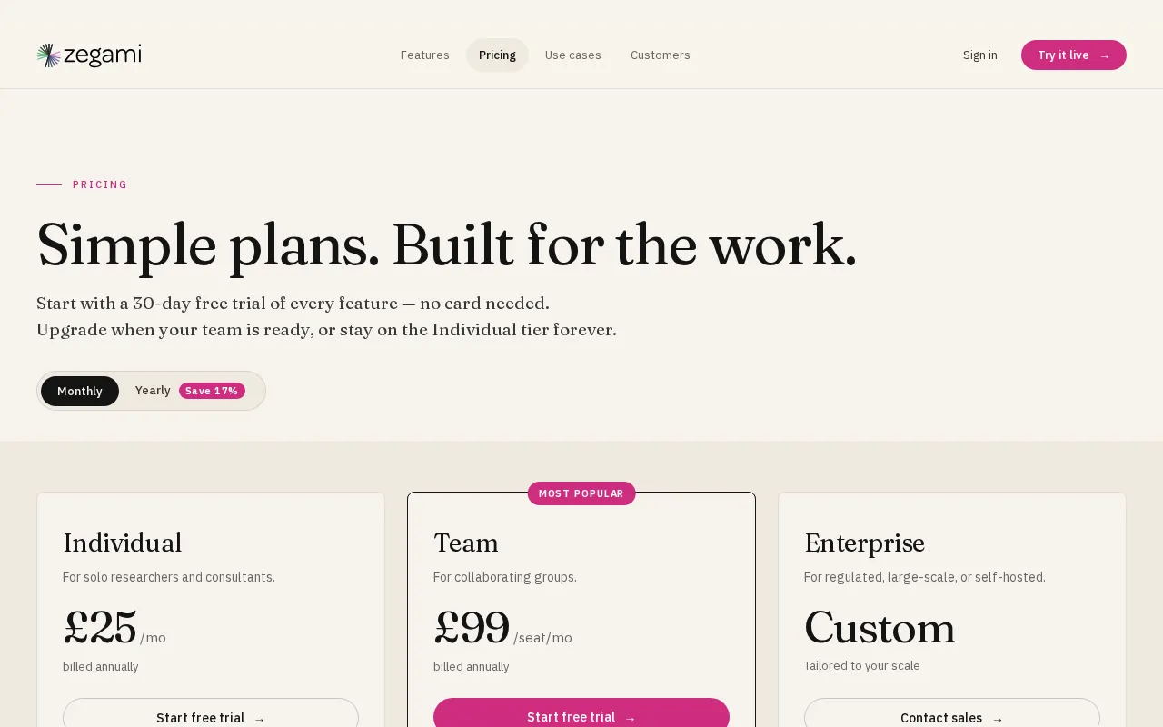 Zegami — pricing page