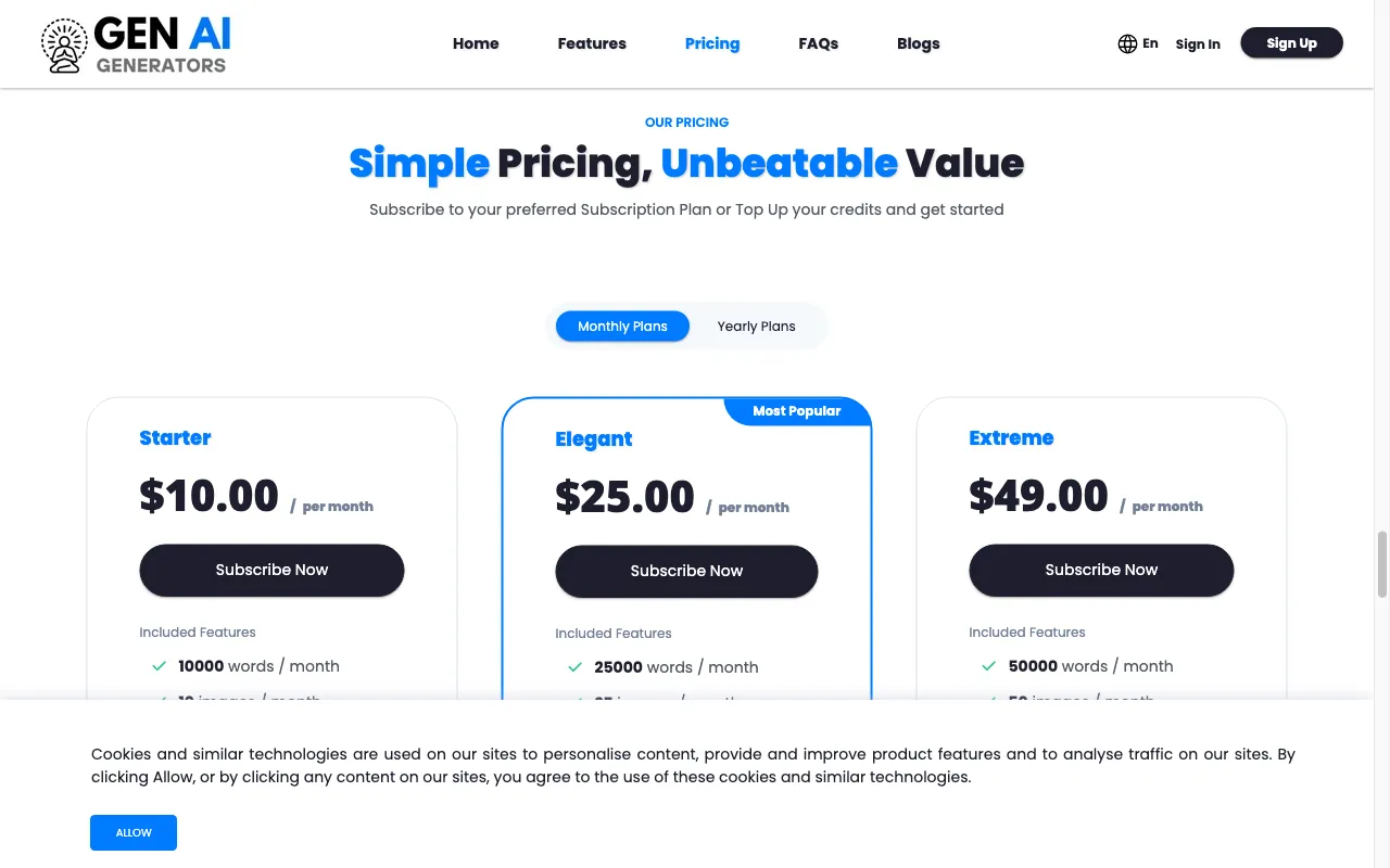 Zen AI Generator — pricing page