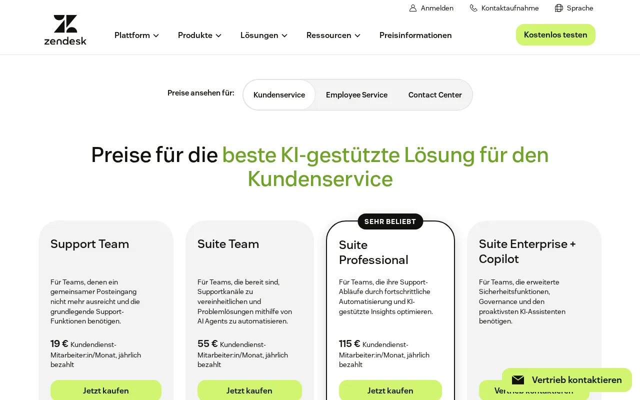 Zendesk — pricing page