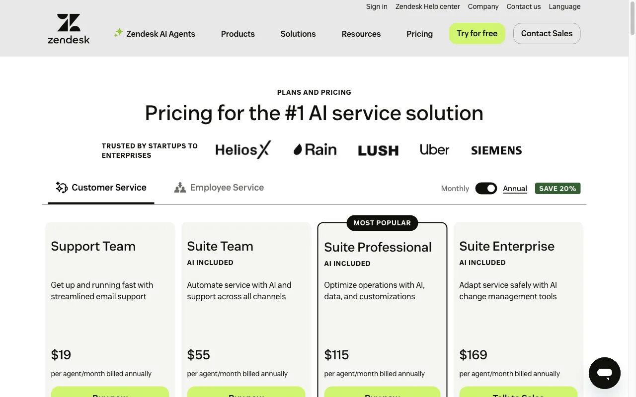 Zendesk Service Suite — pricing page