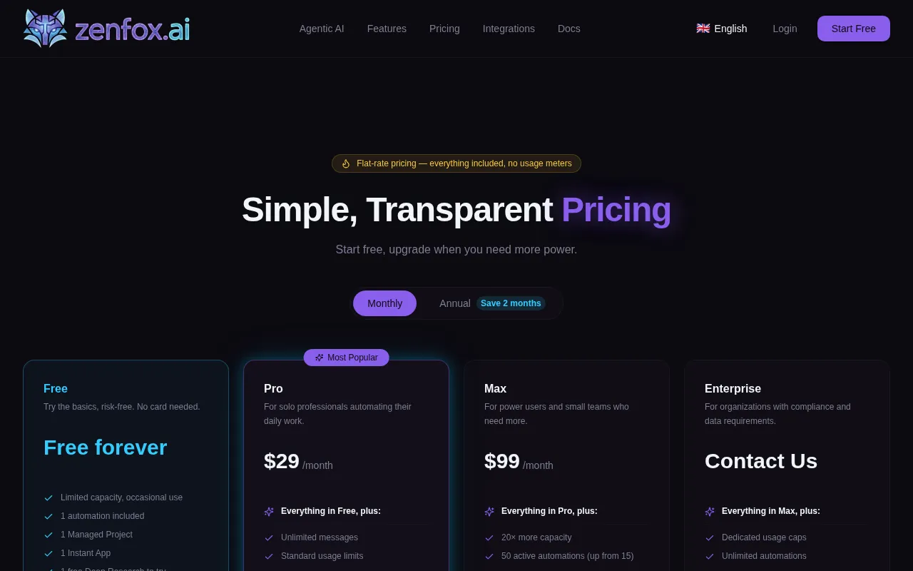 Zenfox AI — pricing page