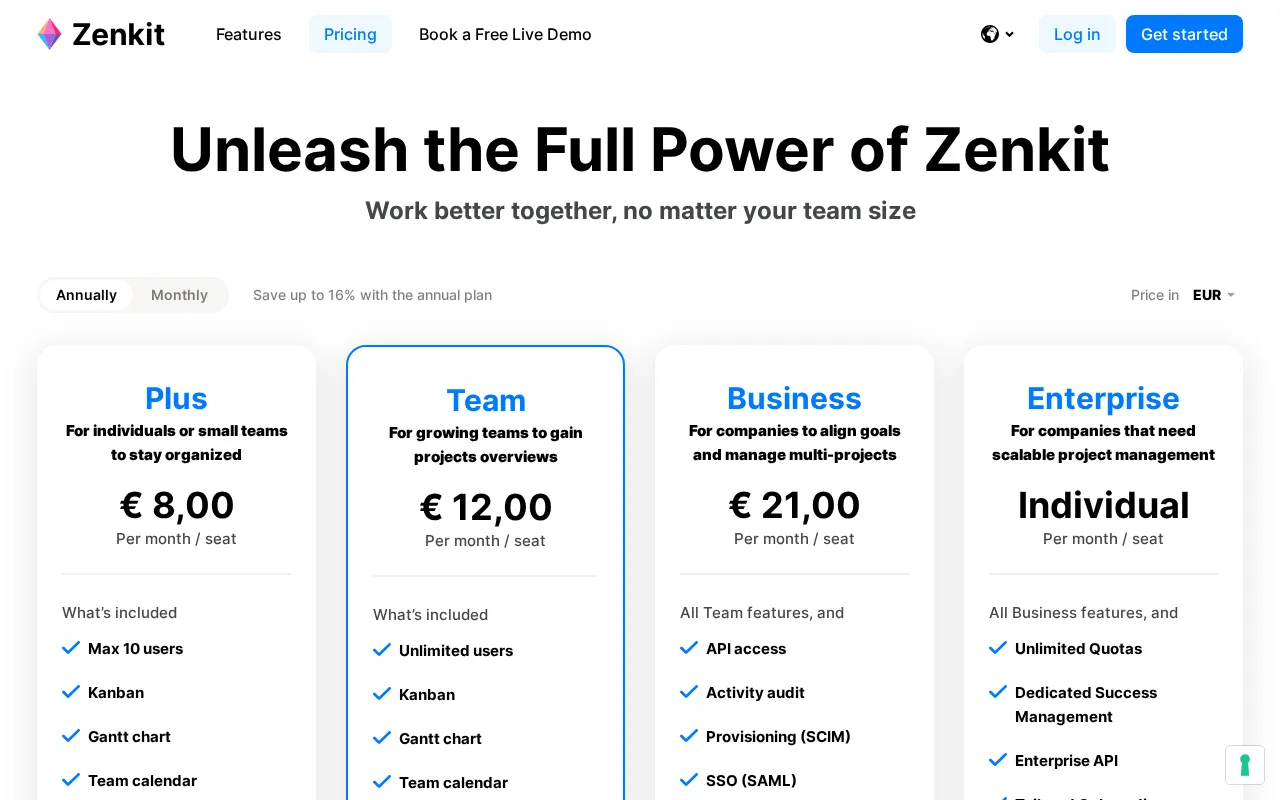 Zenkit — pricing page