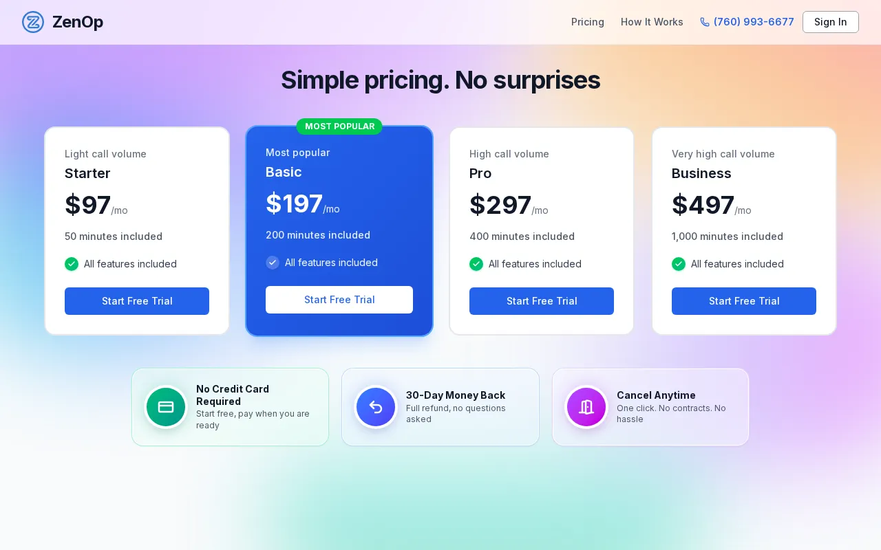 ZenOp Ai Receptionist — pricing page