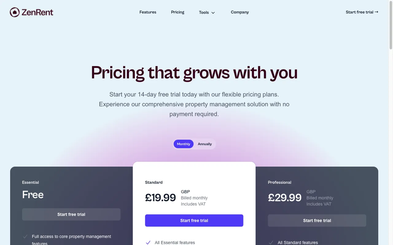 ZenRent, Smart Property Management — pricing page
