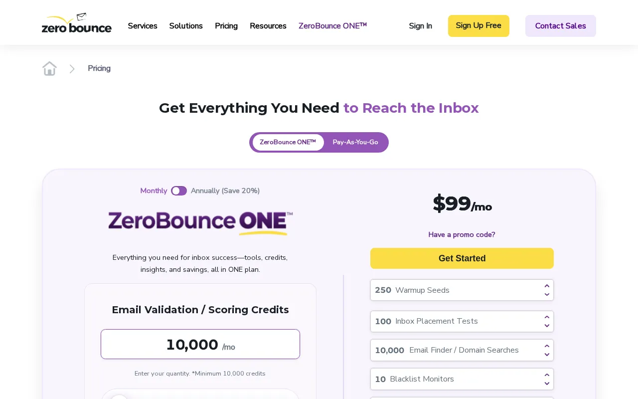Zerobounce — pricing page