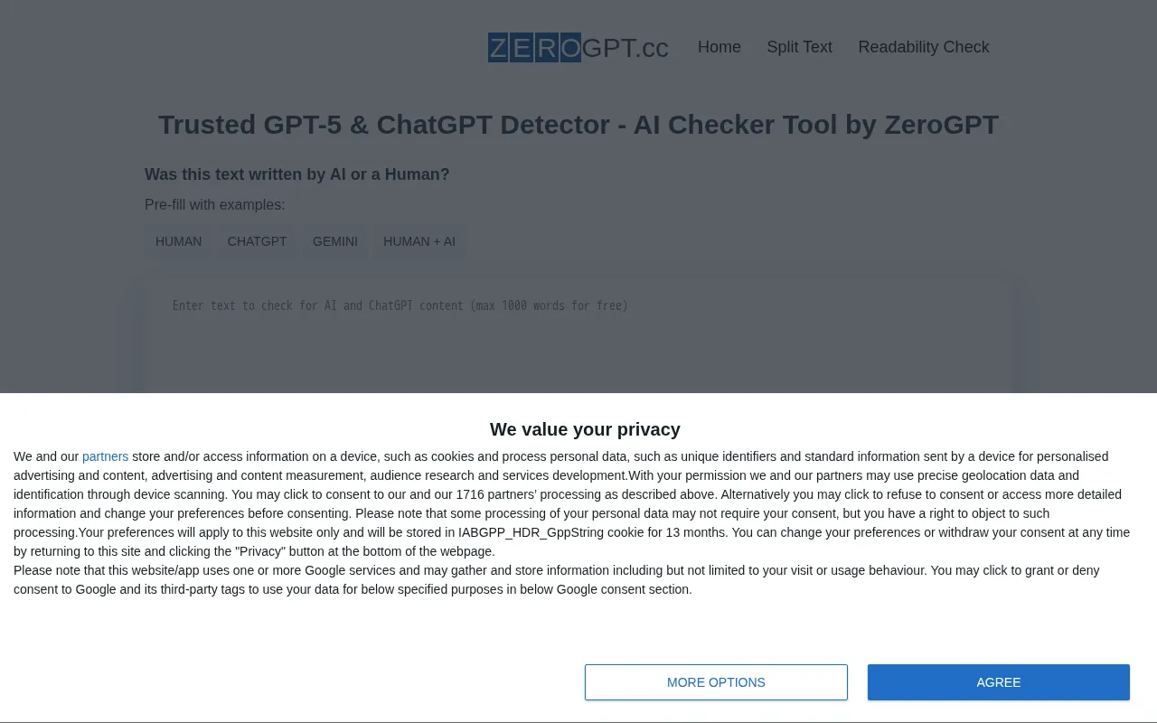 ZeroGPT AI Detector — pricing page