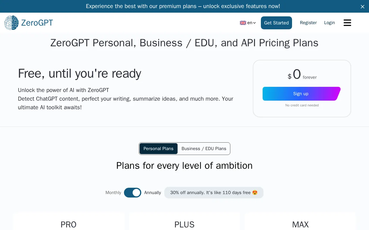 ZeroGPT — pricing page