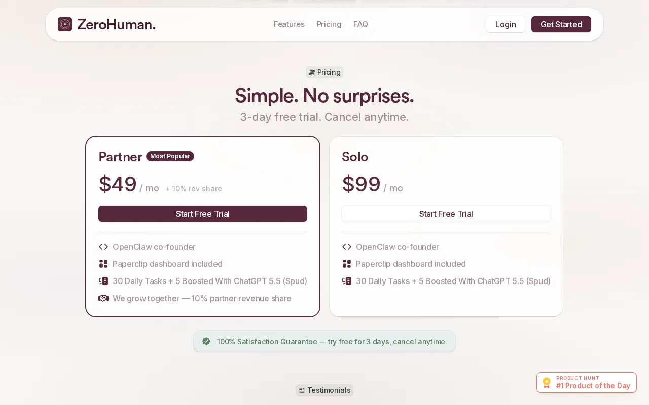 ZeroHuman. — pricing page