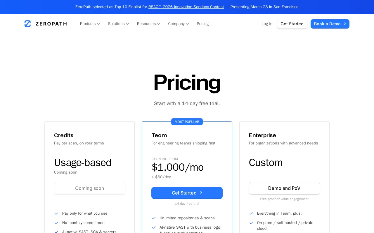 ZeroPath — pricing page