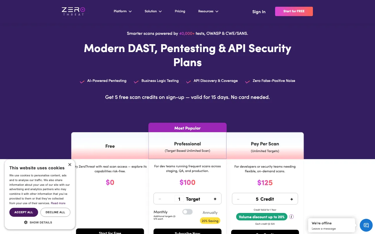 ZeroThreat — pricing page