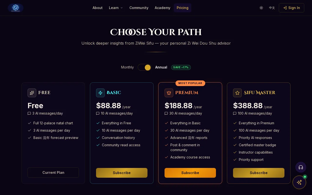 Zi Wei Dou Shu AI — pricing page