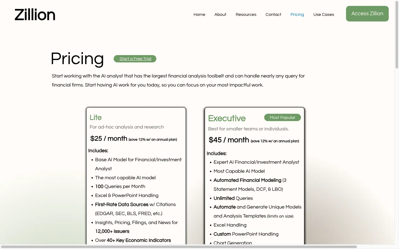 Zillion — pricing page