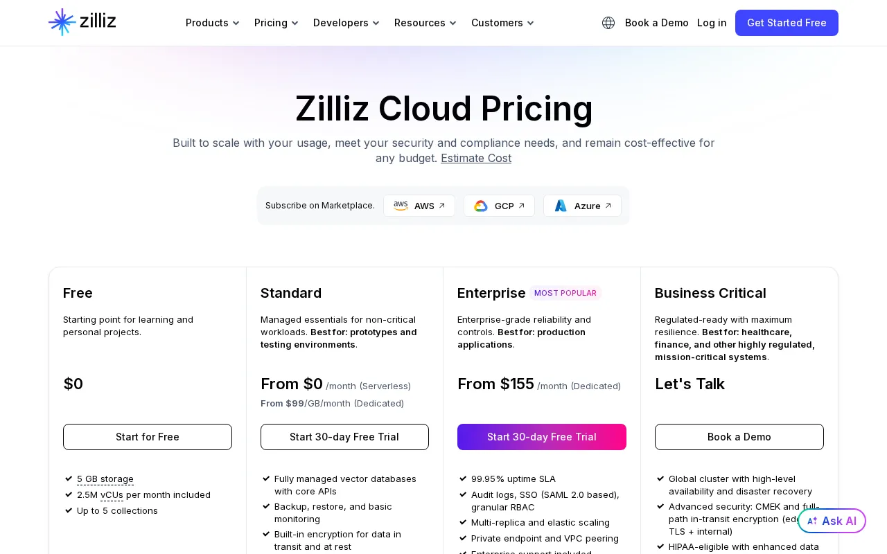 Zilliz — pricing page