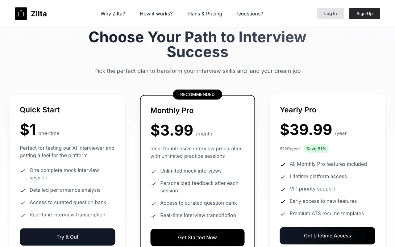 Zilta — pricing page