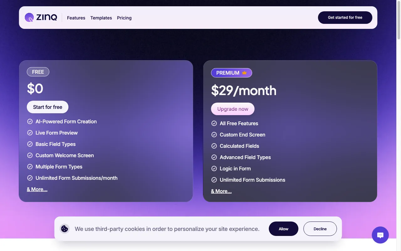 ZINQ AI — pricing page