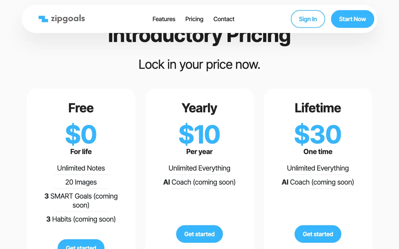 Zipgoals — pricing page