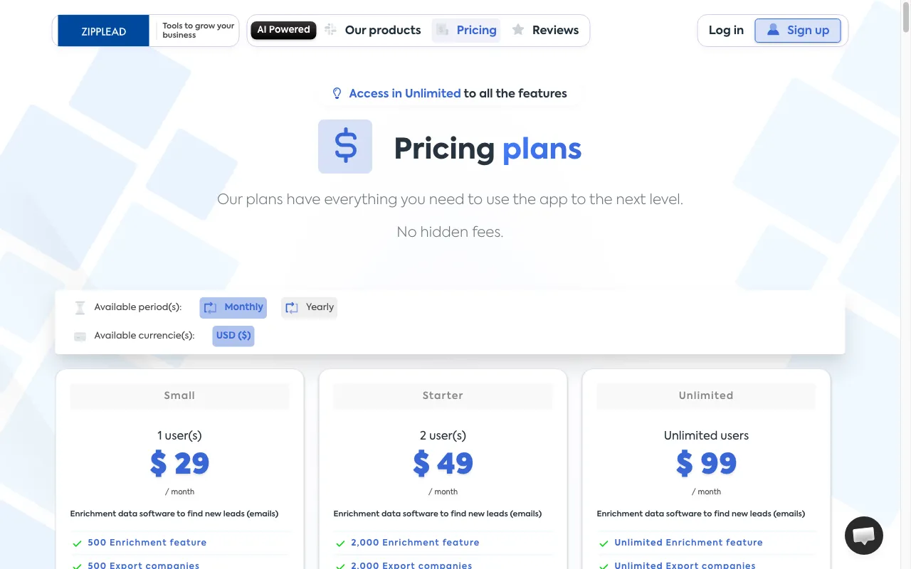 Zipplead — pricing page