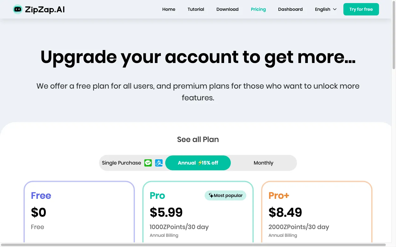 ZipZap — pricing page
