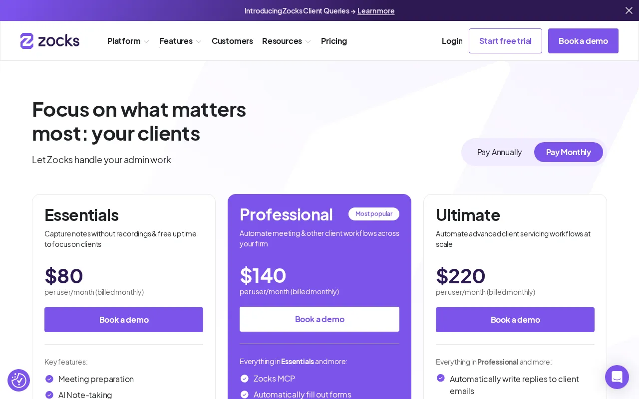 Zocks — pricing page