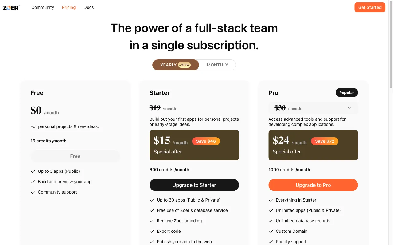 ZOER — pricing page