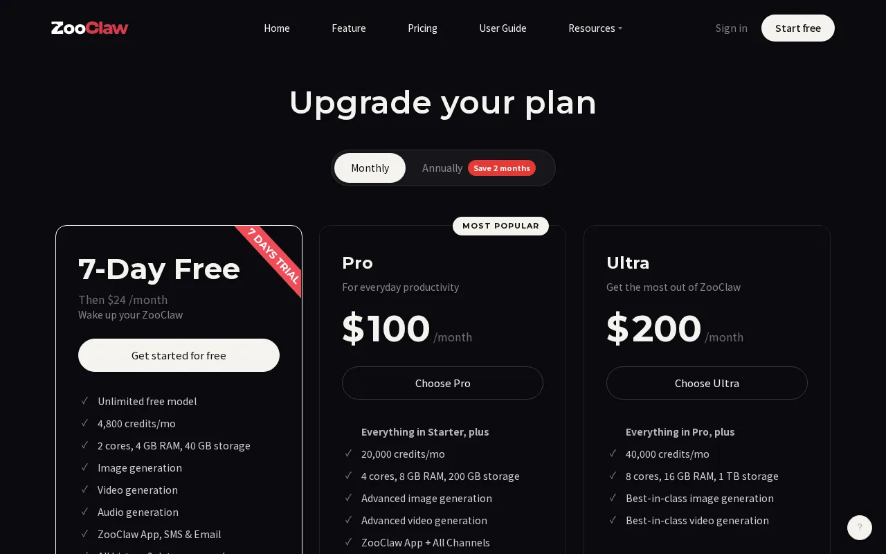 ZooClaw — pricing page