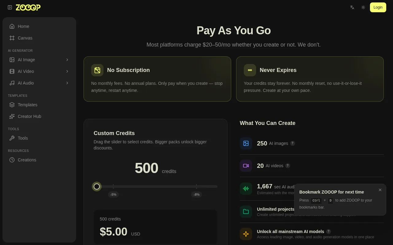 ZOOOP AI — pricing page