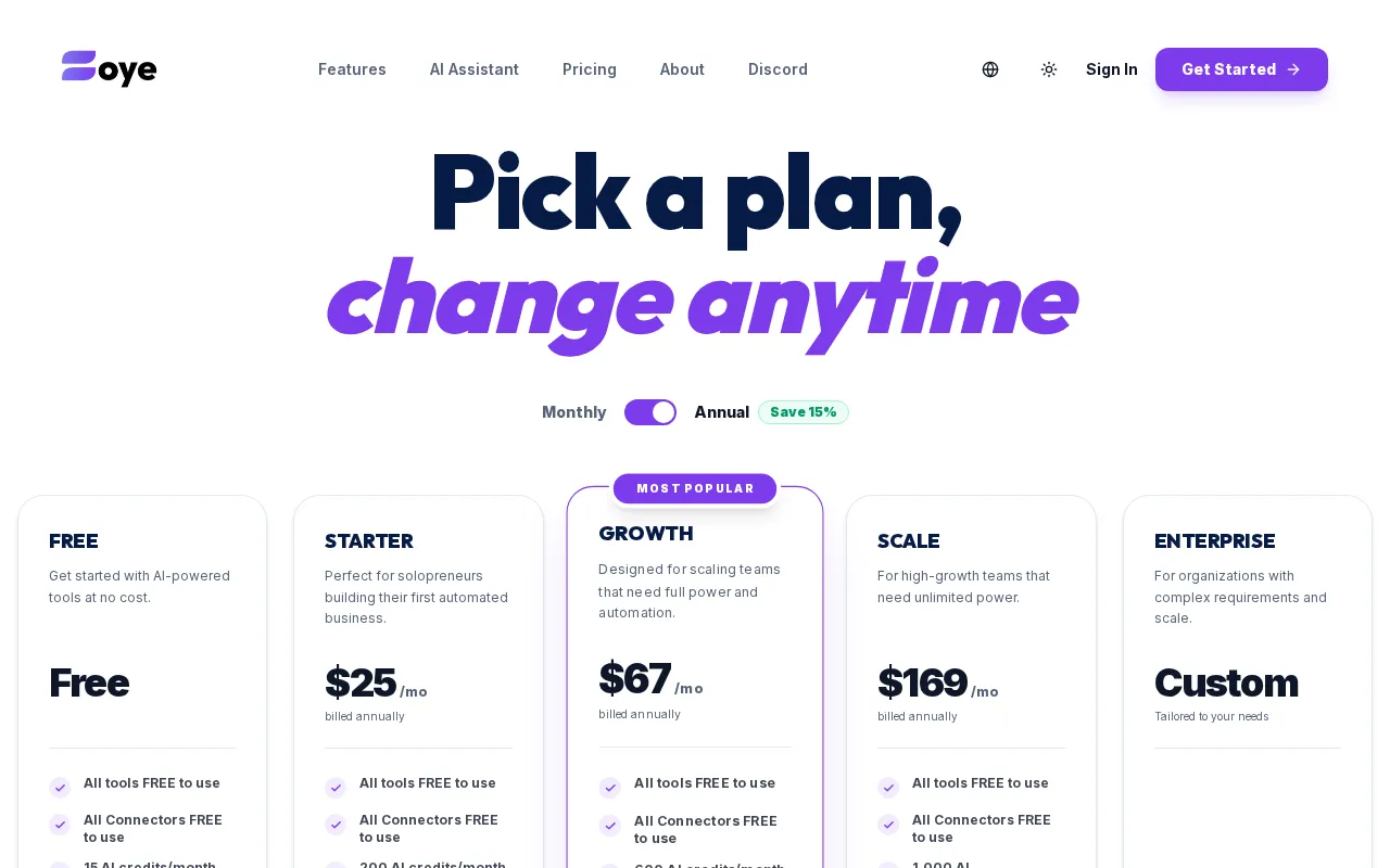 Zoye — pricing page